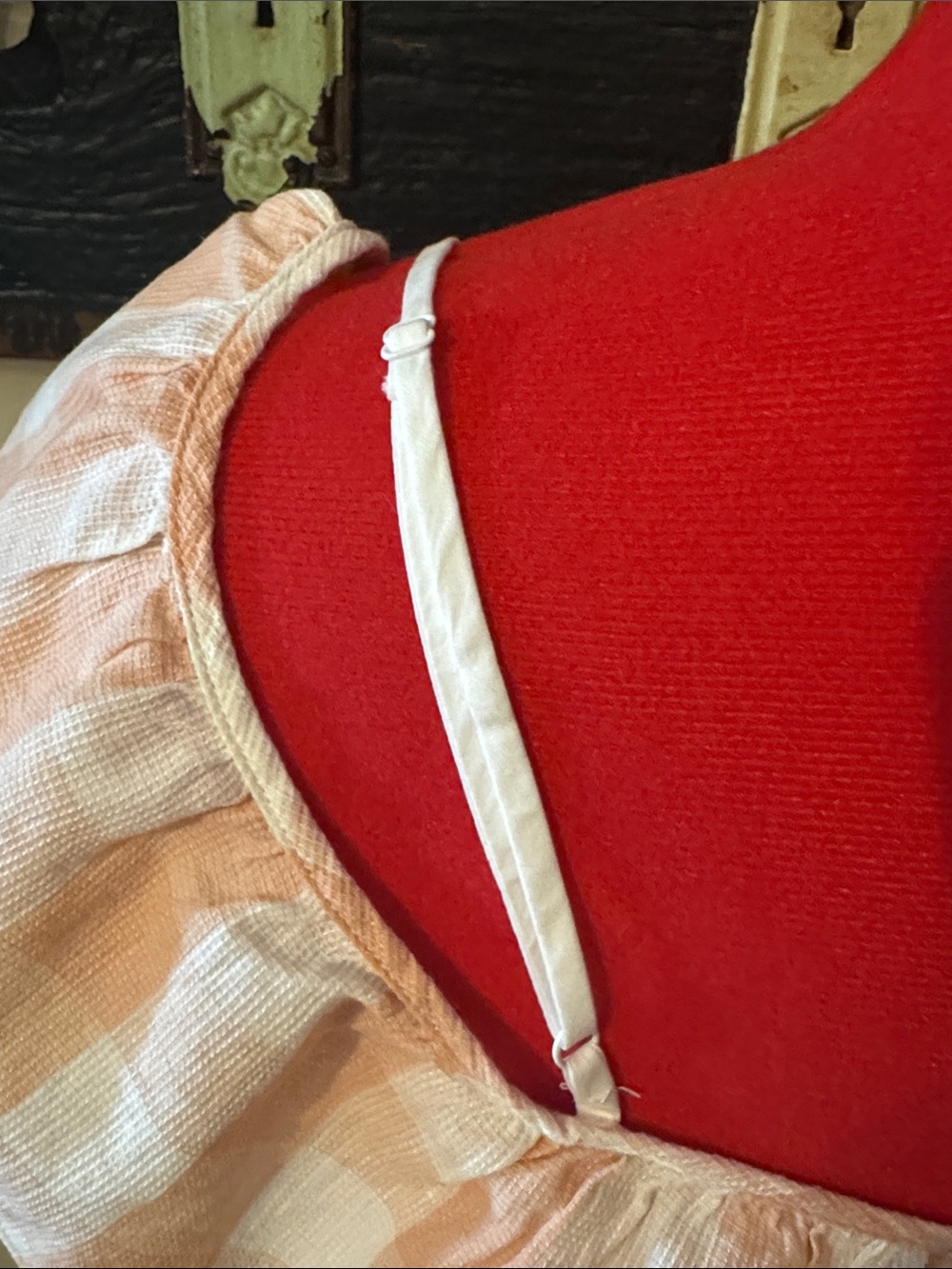 Club Monaco Peach and White Gingham Ruffle Off-The-Shoulder Tank Top Size Small - Picture 9 of 16